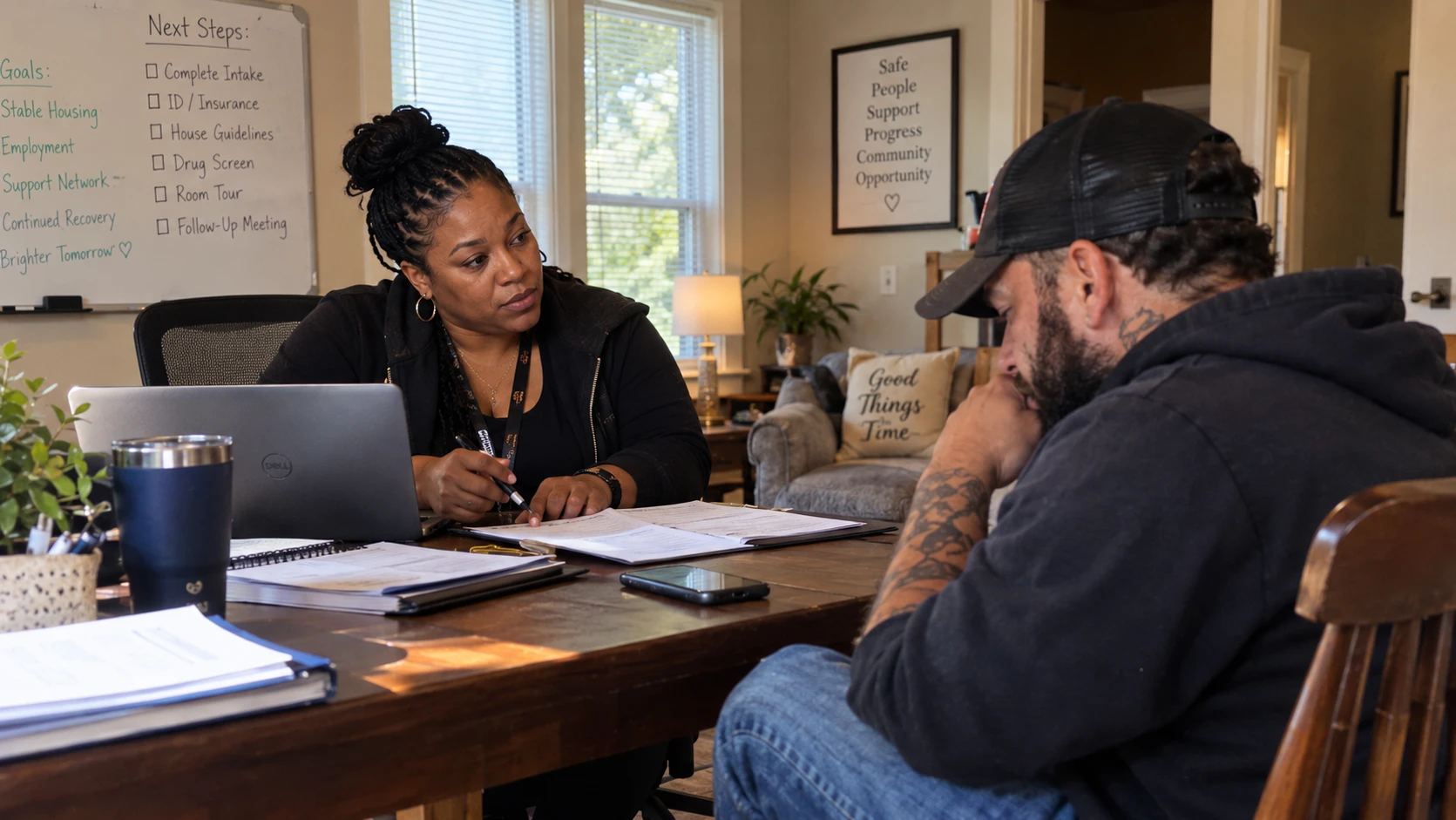 Illustration: a staff member goes over intake paperwork with a man at a table in a home