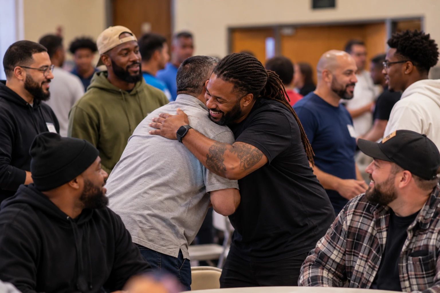 Illustration: a diverse group of men at a gathering, two of them hugging and smiling