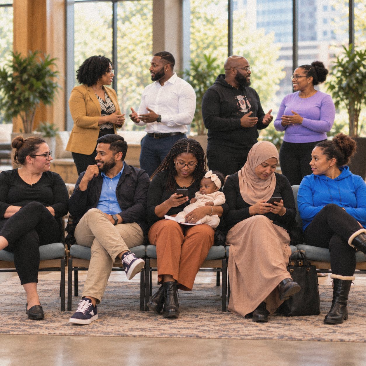 Illustration: a diverse group of adults in a bright gathering space, including a mother holding a baby