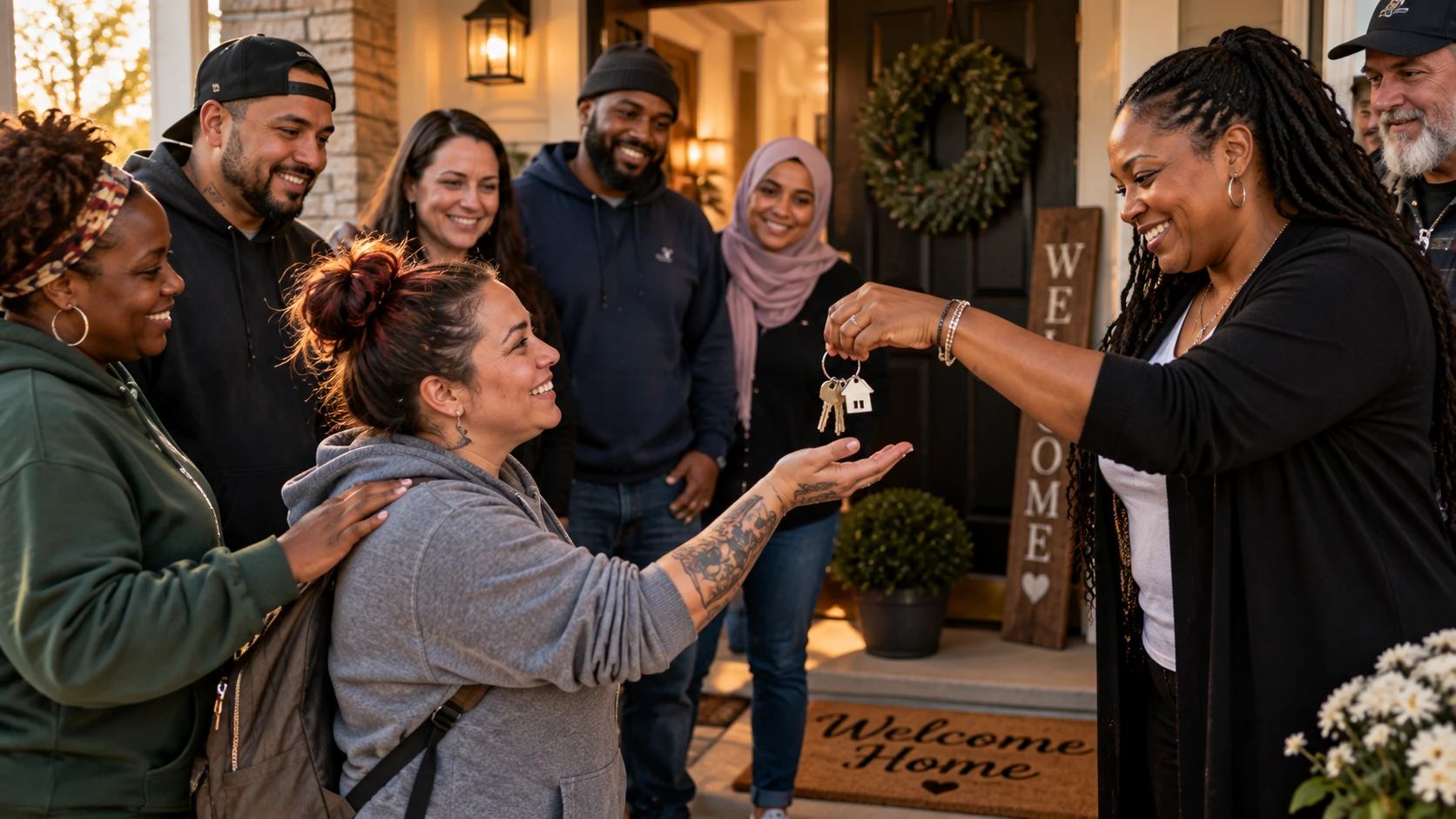 Illustration: a woman receives house keys at a front door marked Welcome Home, surrounded by a smiling, diverse group