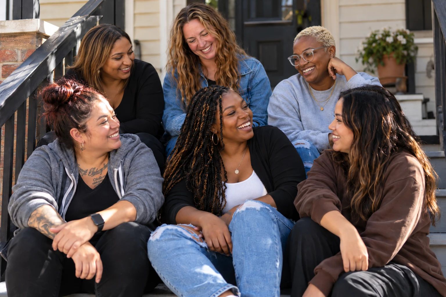Illustration: six women of different backgrounds laughing together on the front steps of a house